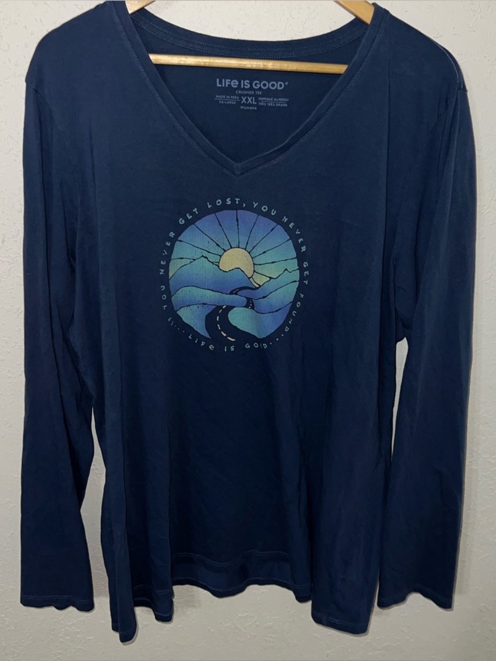 Life Is Good Sun and Road Never Get Lost Get Found Blue Long Sleeve Crusher Tee